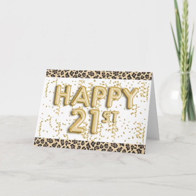 Gold Foil Balloons Leopard Happy 21st Birthday Card (Front)