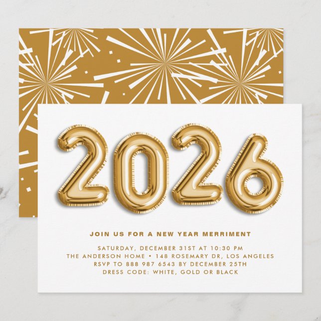 Gold Foil Balloons New Year's Eve Party Invitation (Front/Back)