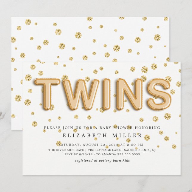 Gold Foil Balloons TWINS Baby Shower Invitation (Front/Back)