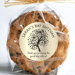 Gold Foil Bat Mitzvah Black Tree of Life Script Classic Round Sticker<br><div class="desc">Be proud, rejoice and showcase this milestone of your favourite Bat Mitzvah! Use this fun, sophisticated, personalised sticker to add to her special day. A graphic black tree with Star of David and dot “leaves” and black calligraphy script, overlay a sophisticated, faux gold glitter dots and gold foil ombre background....</div>