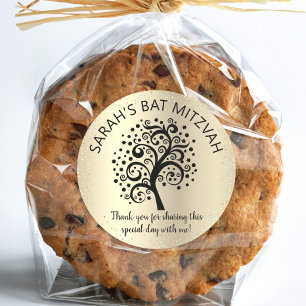 Gold Foil Bat Mitzvah Black Tree of Life Script Classic Round Sticker