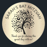 Gold Foil Bat Mitzvah Black Tree of Life Script Classic Round Sticker<br><div class="desc">Be proud, rejoice and showcase this milestone of your favourite Bat Mitzvah! Use this fun, sophisticated, personalised sticker to add to her special day. A graphic black tree with Star of David and dot “leaves” and black calligraphy script, overlay a sophisticated, faux gold glitter dots and gold foil ombre background....</div>