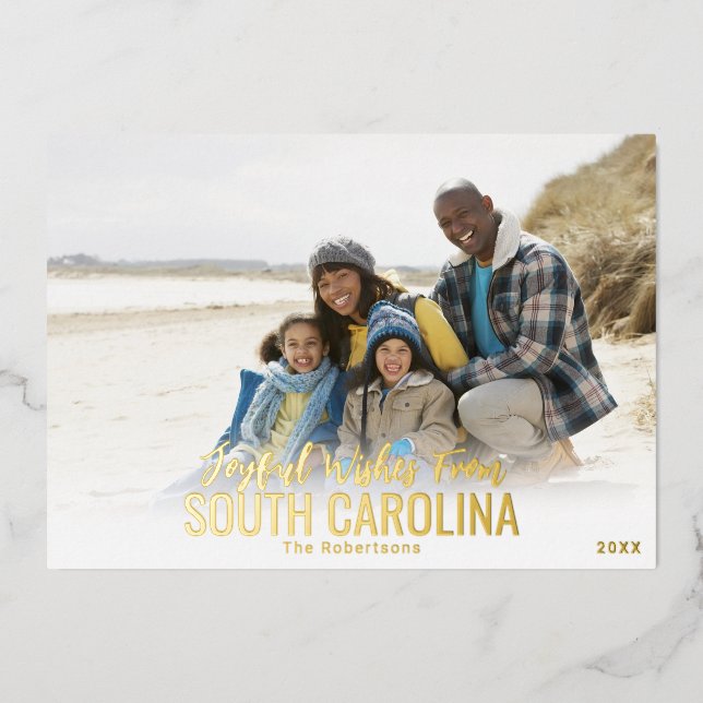 Gold Foil Beach Photo Christmas Card | Your State (Front)