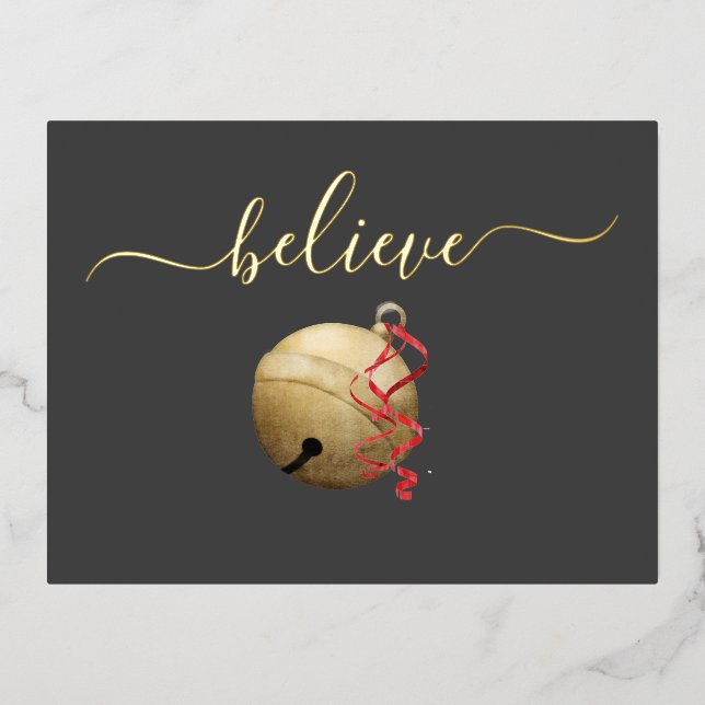 Gold Foil BELIEVE Jingle Bell Foil Holiday Postcard (Front)