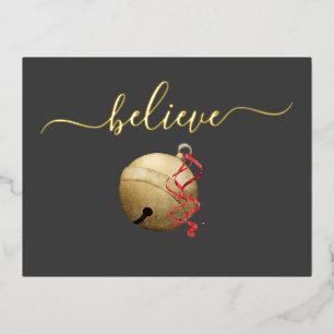 Gold Foil BELIEVE Jingle Bell Holiday Postcard
