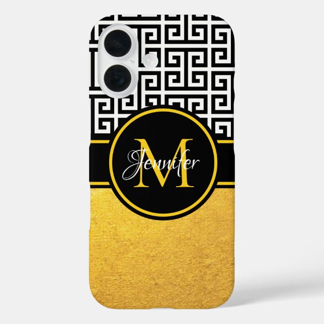 Gold Foil Black and White Greek Key Monogram Case-Mate iPhone Case (Back)
