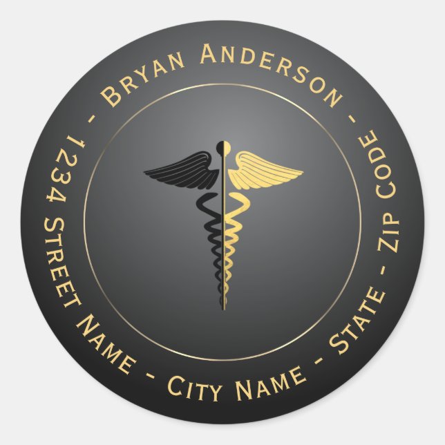 Gold Foil & Black Caduceus Return Address Label (Front)