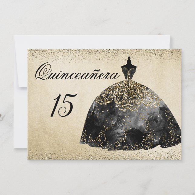 Gold Foil Black Dress Quinceanera invitation (Front)