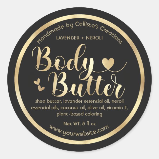 Gold Foil Black Hearts Border Shea Body Butter Classic Round Sticker (Front)