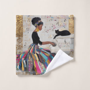 Gold Foil Black Lady Pianist and Cat Bath Towel Set
