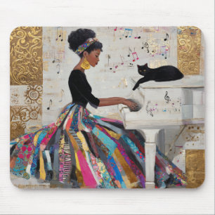 Gold Foil Black Lady Pianist and Cat Mouse Mat