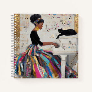 Gold Foil Black Lady Pianist and Cat Notebook