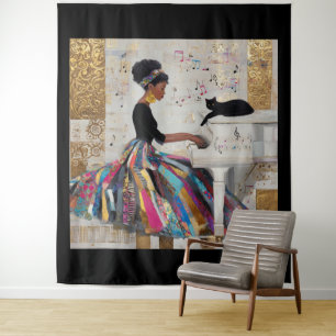 Gold Foil Black Lady Pianist and Cat Tapestry