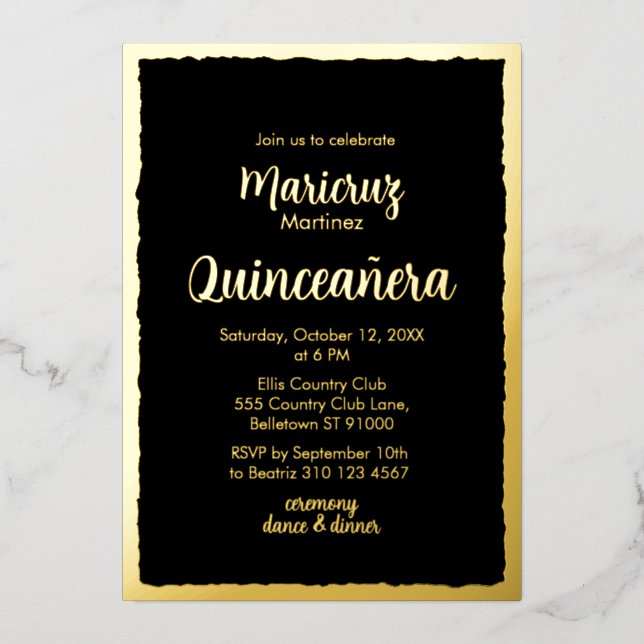 Gold Foil Black Quinceañera Photo Invitation (Front)