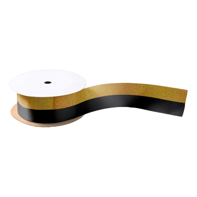 Gold Foil Black Stripes Badge Pattern Satin Ribbon (Spool)