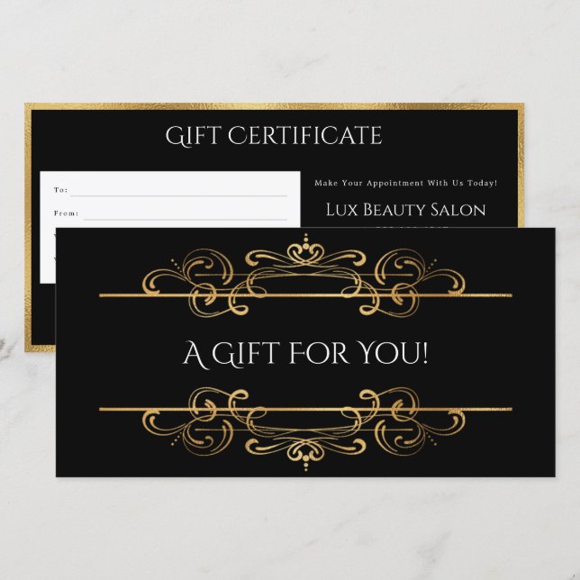 Gold Foil Black Vintage Swirls Gift Certificate (Front/Back)