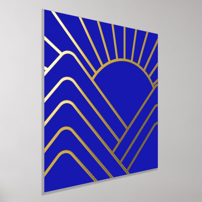 Gold Foil Blue Art Deco Abstract Landscape Prints (Laydown)