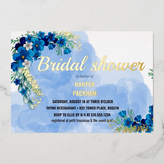 Gold foil blue flower bridal shower invitation (Front)