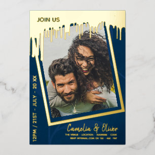 GOLD FOIL Blue PHOTO Wedding QR Code Dripping