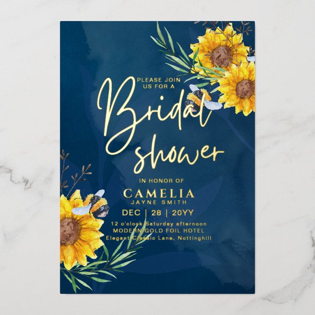 GOLD FOIL Blue Sunflowers BRIDAL SHOWER QR Code Fo (Front)