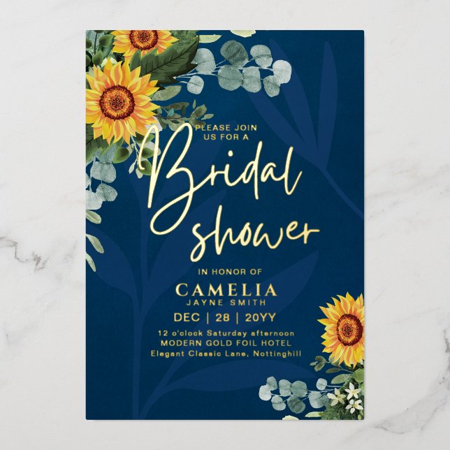 GOLD FOIL Blue Sunflowers BRIDAL SHOWER QR Code Fo (Front)