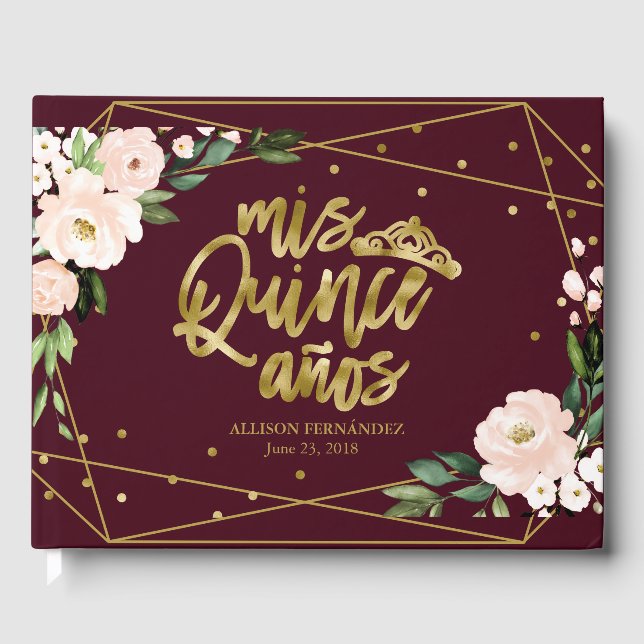 Gold Foil Blush Burgundy Floral Quinceanera Guest Book (Front)