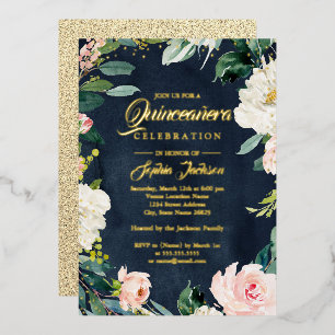 GOLD FOIL Blush Navy Floral Wreath Quinceanera