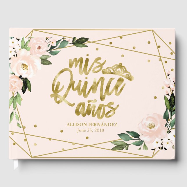 Gold Foil Blush Pink Floral Quinceanera Guest Book (Front)