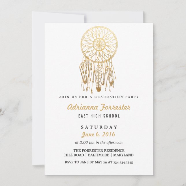 Gold Foil Bohemian Dream Catcher Graduation Party Invitation (Front)