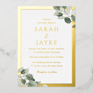 Gold Foil Border Green Leaves Elegant Wedding