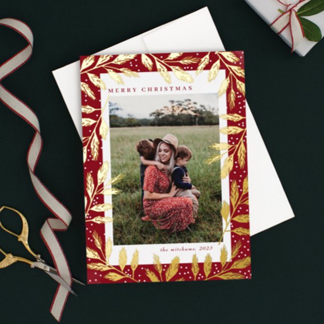 Gold Foil Branches 3 Photo Christmas Foil Holiday Card (Creator Uploaded)