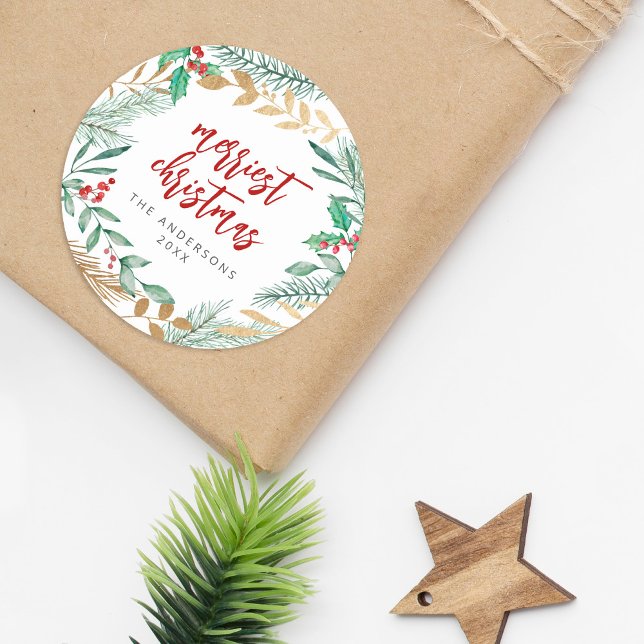 Gold Foil Branches Watercolor Christmas Wreath Classic Round Sticker (Creator Uploaded)
