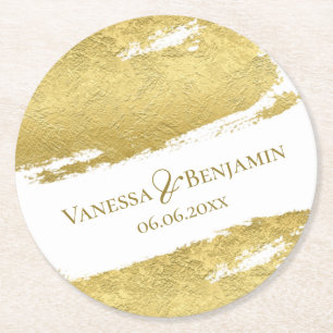 Gold foil brush stroke elegant modern wedding round paper coaster
