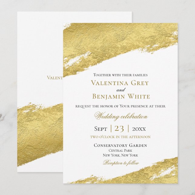 Gold foil brush stroke modern elegant gold wedding invitation (Front/Back)