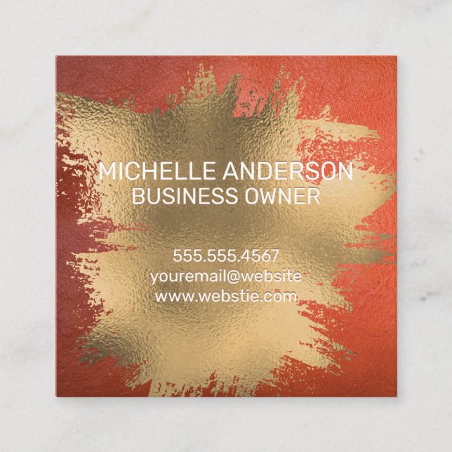 Gold Foil Brushed Orange Leather Texture Square Business Card (Front)