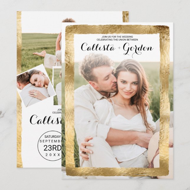 Gold Foil Brushstroke Border Photo Collage Wedding Invitation (Front/Back)