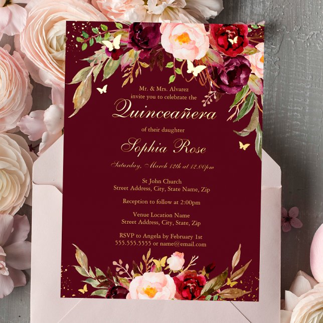 GOLD FOIL Burgundy Blush Floral Quinceanera  (Creator Uploaded)