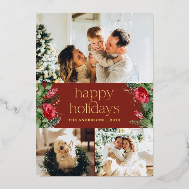 Gold Foil Burgundy Modern Type 3 Photo Holiday (Front)