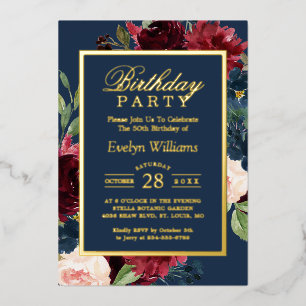 Gold Foil   Burgundy Navy Floral Birthday Party