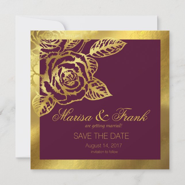 Gold Foil Burgundy Vintage Botanical Save the Date (Front)
