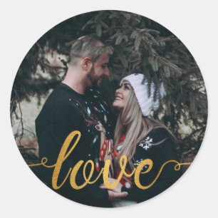Gold Foil Calligraphic Script Love Custom Photo Classic Round Sticker
