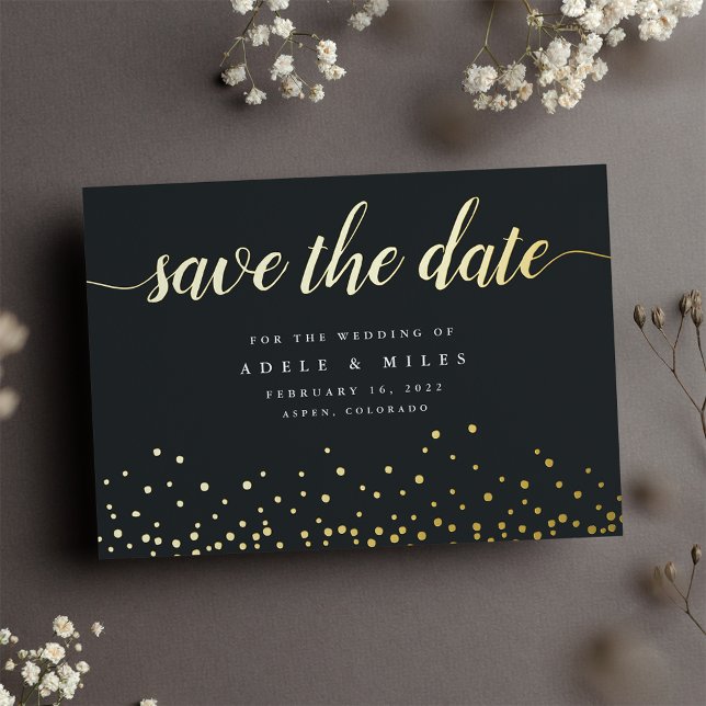 Gold Foil Calligraphy Confetti Save the Date Card (Creator Uploaded)