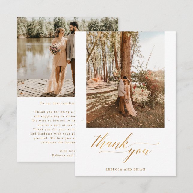 Gold Foil Calligraphy Custom 2 Photo Wedding Thank You Card (Front/Back)