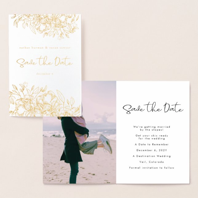 Gold Foil Calligraphy Floral Photo Save The Date Foil Card (Display)