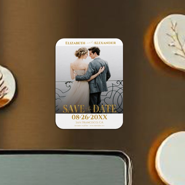 Gold Foil Calligraphy Save the Date Photo Magnet (Creator Uploaded)