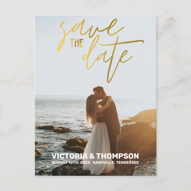 Gold Foil Calligraphy Wedding Personalised Announcement Postcard (Front)