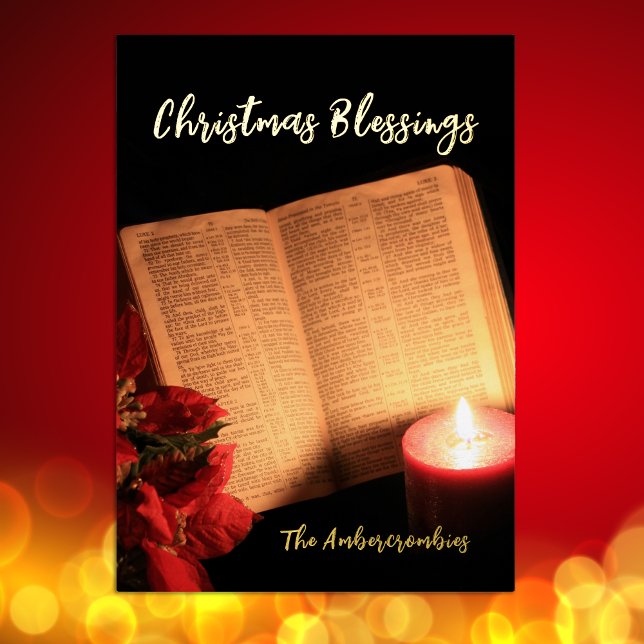 Gold Foil Candle Poinsettia Old Bible Foil Holiday Card (Gold Foil Candle Poinsettia Old Bible holiday card)