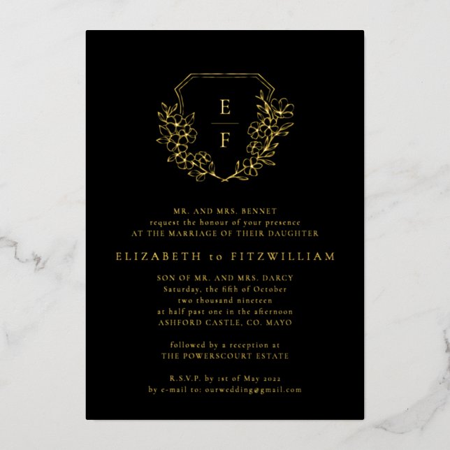 Gold Foil Cherry Blossoms Crest Monogram Black (Front)