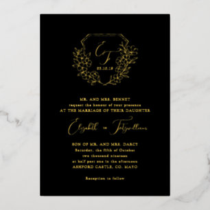 Gold Foil Cherry Blossoms Monogram Crest Black