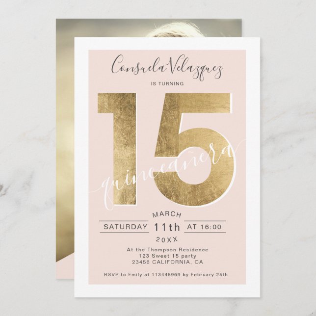 gold foil chic script blush quinceanera photo invitation (Front/Back)
